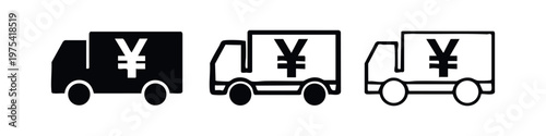 Yen Symbol Delivery Van Icons in Different Styles, Money Shipping Truck Vector Collection, Japanese Currency Cargo Icon Set