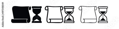 Scroll and Hourglass Time Document Icon Set, History Record Timeline Vector, Ancient Knowledge Timepiece Icons