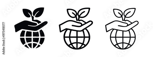 Global environmental protection and sustainable growth icon set. Hand holding plant on globe symbol.