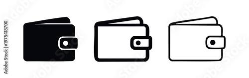 Wallet icon set in black and outline variations, representing money, payment, finance, and savings.