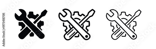Crossed wrench and screwdriver with gear icon set, signifying technical support, repair, and engineering.