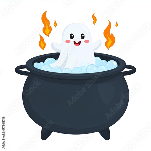 cute cartoon vector illustration of ghost character playing in a cauldron full of soap bubbles with magic fire.