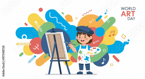 A cheerful child artist painting on an easel with a colorful abstract background celebrating World Art Day.