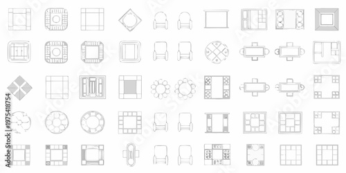 Collection of minimalist furniture top down line drawings on a white background