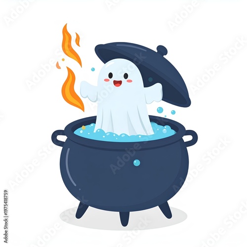cartoon cute little ghost popping out of a magic cauldron with a lid and blue bubbles.