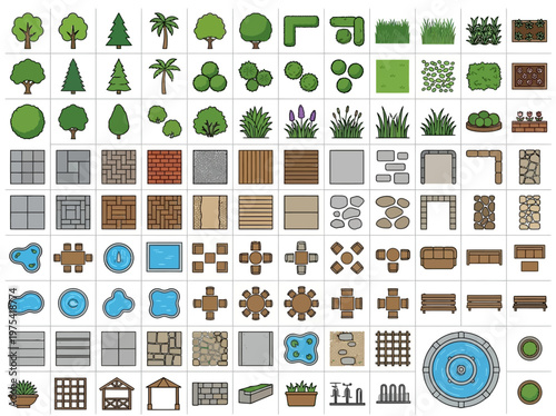 Overhead view illustrated design kit: professional landscape planning symbols for gardens, parks, and outdoor spaces.