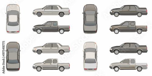 Overhead view of various silver and gray pickup trucks and sedans