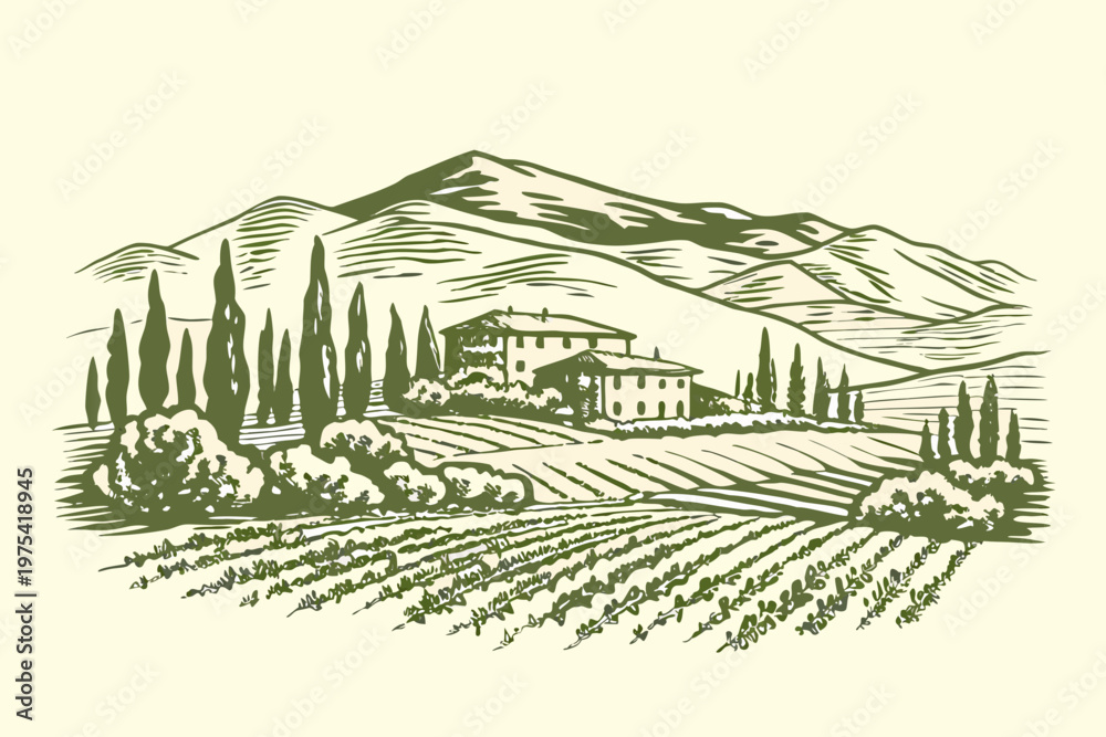 Fototapeta premium A vintage illustration depicts a tuscan farmhouse amidst rolling hills