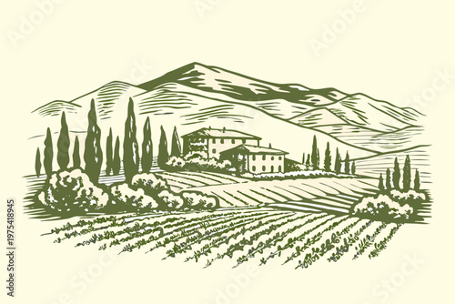 A vintage illustration depicts a tuscan farmhouse amidst rolling hills