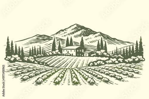 A picturesque landscape featuring a tuscan villa nestled amongst rolling hills