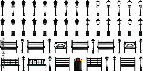 Collection of black silhouettes depicting street lamps benches and park elements