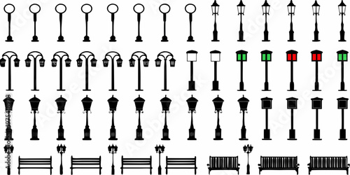 Collection of various street lamps benches and park furniture icons