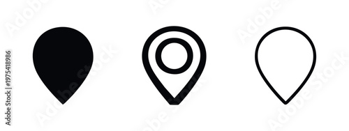 Teardrop map pin location icon set. Minimalist GPS marker symbols in filled, bold, and outline styles for various design needs.