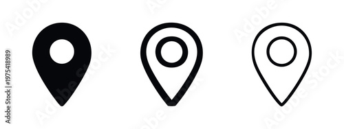 Map pin location icon set. GPS marker symbol in flat, bold, and outline styles. Navigation pointer for web and app design.