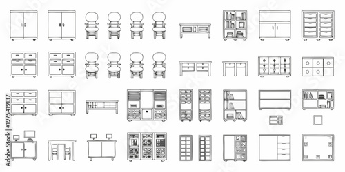 Architectural drawing of various furniture items in a linear arrangement