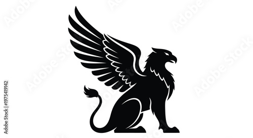 Elegant black vector illustration of a mythical griffin creature showing powerful wings and sharp predatory features for use in professional graphic design and corporate branding projects