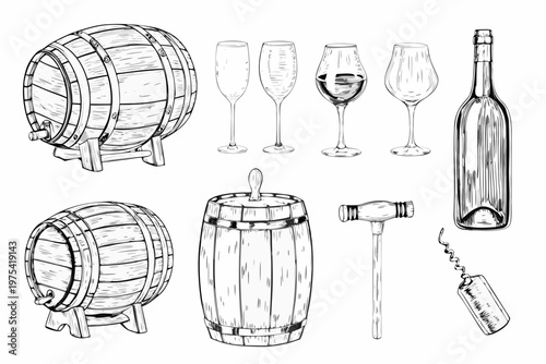 Sketch of wine barrels glasses a bottle and associated tools