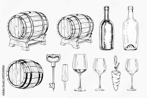Vintage sketch of wine barrels bottles glasses and cellar tools