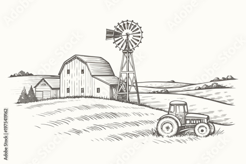 Vintage farm scene with a barn windmill and tractor illustration