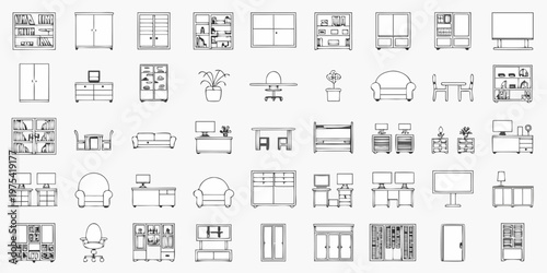 Collection of hand drawn furniture outlines on a white background