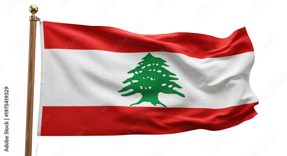 Naklejka premium Waving national flag of Lebanon on wooden flagpole