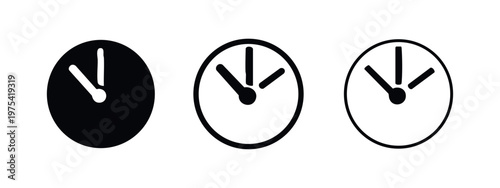 Time clock icon set. Analog watch with hour and minute hands symbol in black, outlined, and doodle styles.