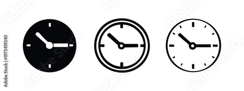 Time clock icon set. Analog watch with hour and minute hands symbol in black, outlined, and doodle styles.