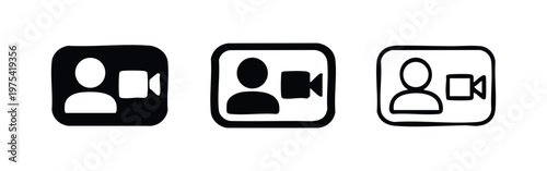 Video call or conference icon set. Person and camera symbol in a rounded frame for online communication.