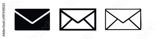 Three envelope icons with closure detail: solid black, outline, and simplified line art