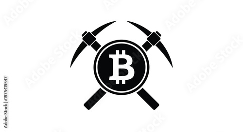 Minimalist vector graphic illustration featuring a bitcoin coin symbol crossed with two mining pickaxes representing the complex process of digital cryptocurrency mining for modern global finance