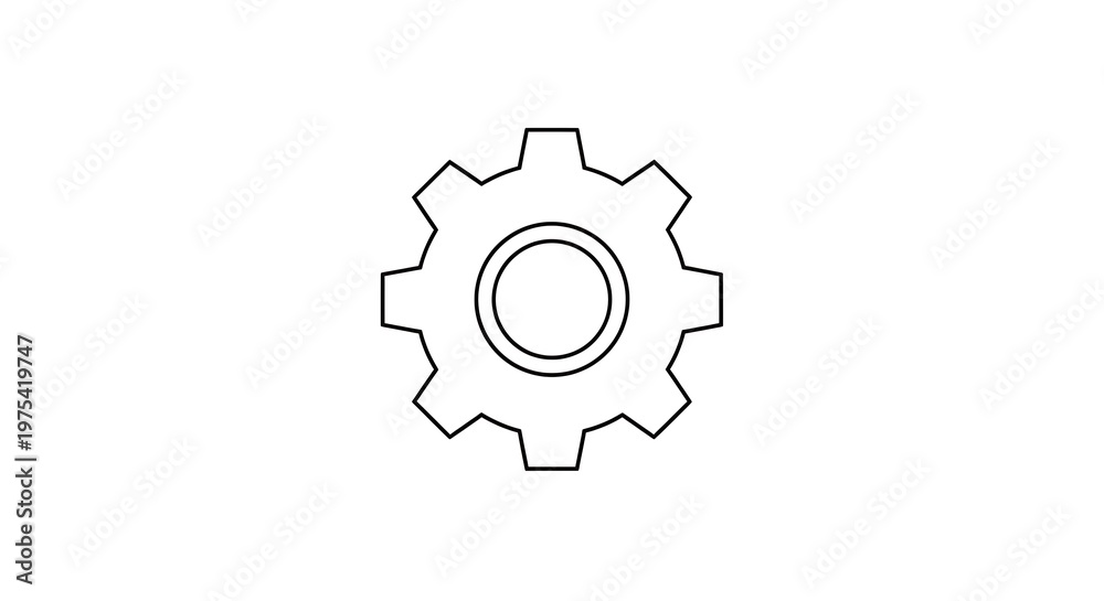 Obraz premium Simple black outline gear with eight teeth and a central circular hole on a plain white background symbol