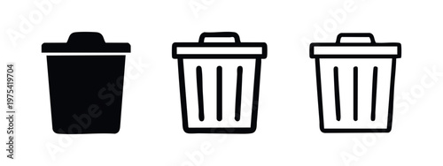Set of three different trash can icons on white background
