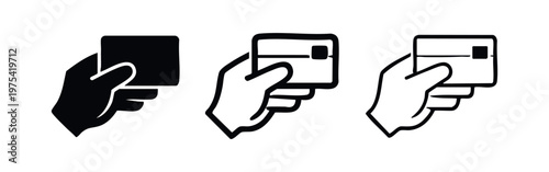 Set of three different hand holding credit card icons on white background