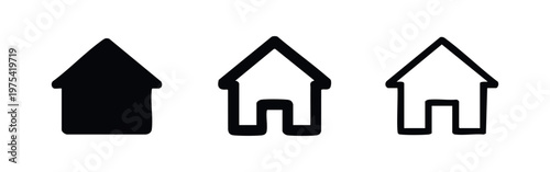 Set of three house icons: solid black, thick outline, and thin outline.