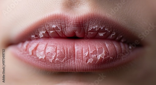 Extreme macro shot of severely dry and peeling lips, showing detailed skin texture and cracks