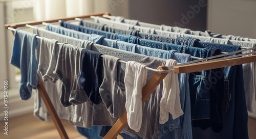 A wooden folding laundry rack filled with wet clothes, socks, and jeans drying indoors. Sustainable and eco-friendly household chore.