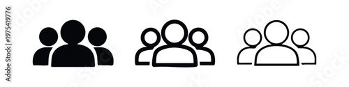 Group of people icons: solid black, thick outline, and thin outline.