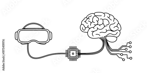A conceptual line art illustration showing the integration of a human brain with virtual reality Vector, illustration