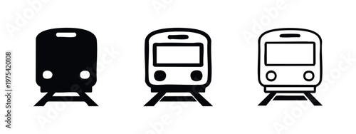 Three train icons: front view, solid black, sketched, and outlined on tracks.