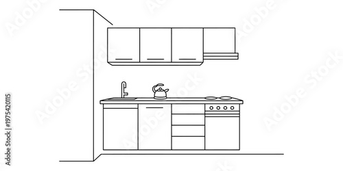 A simple black and white line drawing of a modern kitchen interior with cabinets and appliances. Vector, illustration