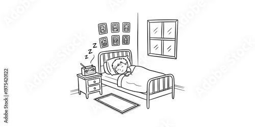 A simple black and white line drawing of a young boy sleeping peacefully in his cozy bedroom bed Vector, illustration