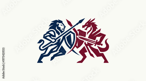 Lion Versus Dragon Emblem of Battle and Strength