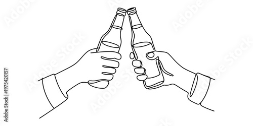 A simple black and white line drawing of two hands holding glass bottles together in a toast. Vector, illustration