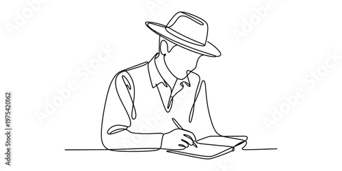 A single continuous line drawing of a person wearing a hat while writing in a small notebook. Vector, illustration