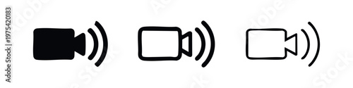 Video Camera Icons: Solid Black, Outline With Fill, Outline, Isolated