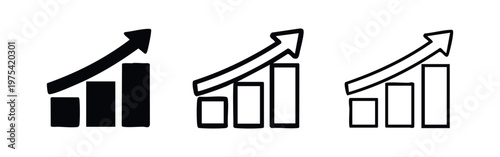 Growth Bar Chart Icon Set: Solid, Outline, and Sketch Styles