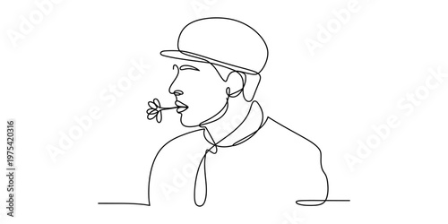 Minimalist continuous line drawing of a young man wearing a cap and holding a flower in his mouth Vector, illustration