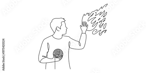 A continuous line drawing of a person holding a ball of yarn while reaching out toward a flame Vector, illustration