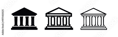 Set of three classical building icons: bank, courthouse, museum.