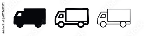 Set of three truck icons in silhouette, outline, and hand-drawn styles.